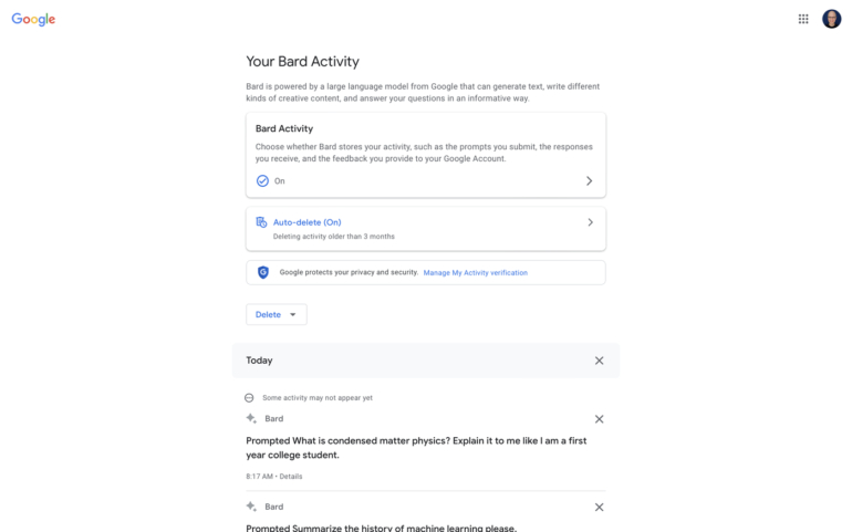 While access to previous prompts can be helpful, Google gives you full control over whether or not your Bard Activity history is stored.