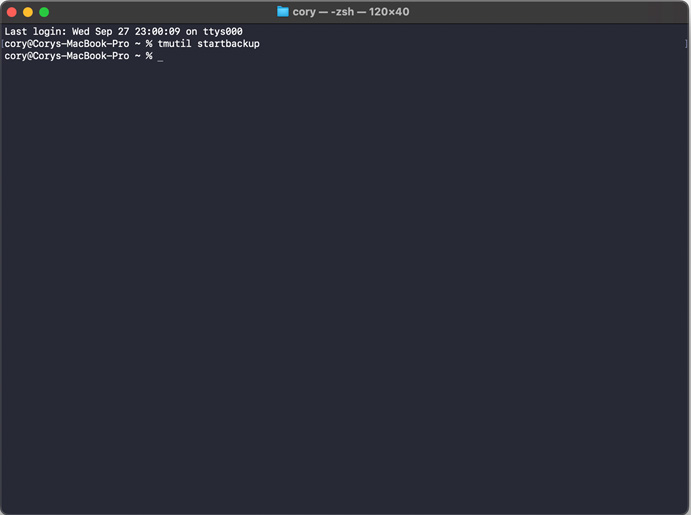 The tmutil startbackup terminal command prompt in Mac.
