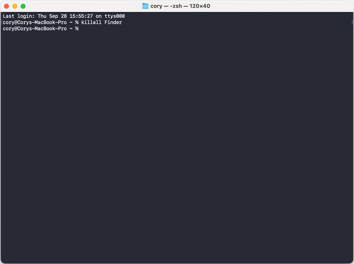 The killall terminal command prompt in Mac.